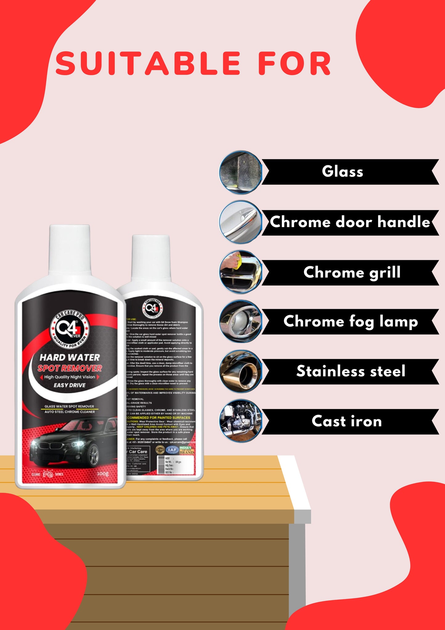 Q4 Ever Hard Water Spot Remover Glass Stains Remover Easy Drive Removes 100% hard water stains from glass